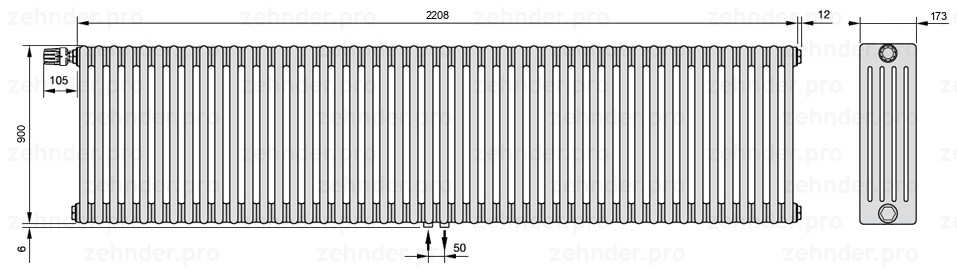 Схема (чертеж) Радиатор Zehnder Charleston 5090/48 №V007 Белый глянцевый RAL 9016
